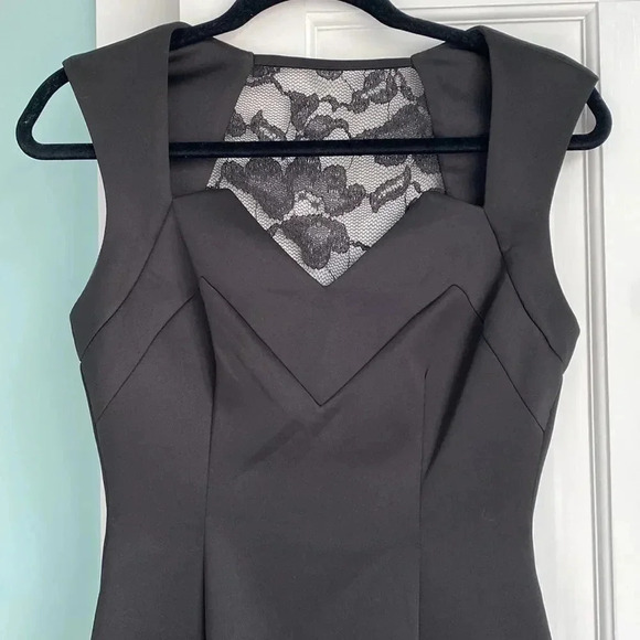 Dress Barn Bodice Lace Back Straight Midi Black Satin Like Dress Size 4 - Picture 4 of 16